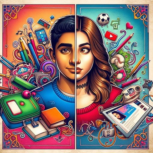 A split image showing two distinct personalities represented by colorful and playful graphics, reflecting youthful themes like school lunches, YouTube culture, and gaming interests.