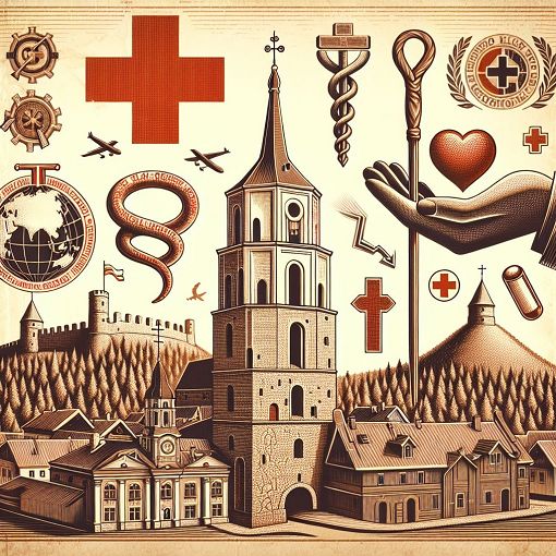 A vintage-style image representing the history and activities of the Red Cross in Lithuania, featuring iconic landmarks and symbols related to humanitarian aid.