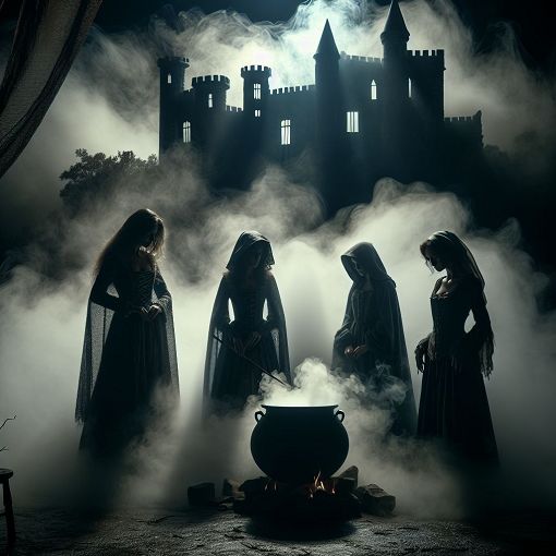 A dark, atmospheric depiction of characters from Shakespeare's Macbeth, including a castle backdrop, fog, and a mysterious figure with witches, reflecting ambition and betrayal.