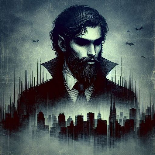 Create a mysterious and dark-themed illustration of a vampire surrounded by shadows, showing various personalities and traits, with hints of a city skyline in the background.