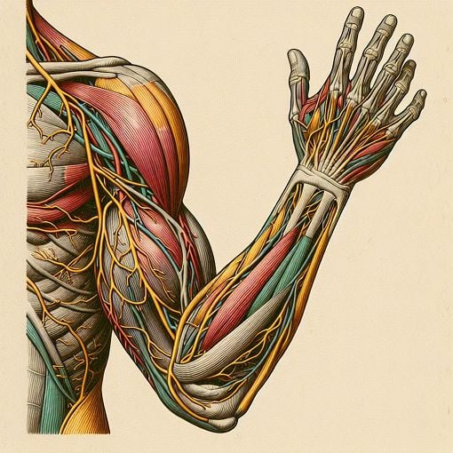 A detailed anatomical illustration of the human upper limb, highlighting major nerves, arteries, and muscles, set against a neutral background for clarity.