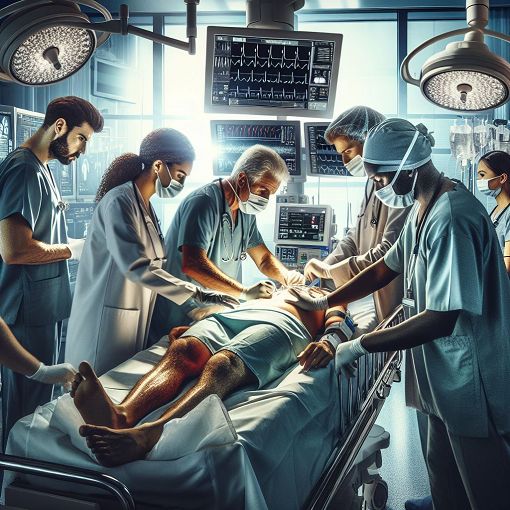 Generate an image of a medical emergency scene showing doctors and nurses working on a patient in a hospital setting, with medical equipment and a sense of urgency.