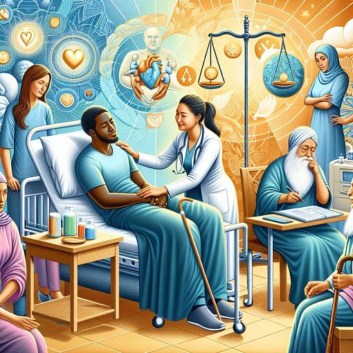 A vibrant illustration depicting nursing ethics, featuring a caring nurse, patients, and symbols of justice and compassion.