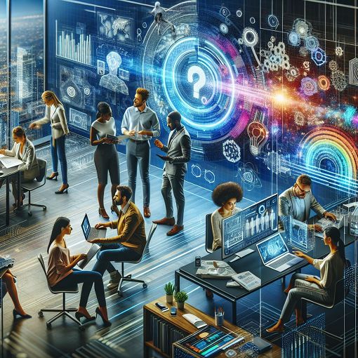 Create an engaging and colorful image representing Ematic, featuring technology, innovation, and teamwork. Include elements like products, a modern office environment, and a diverse group of people working together.