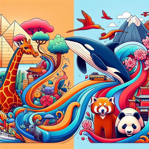 A vibrant and colorful illustration representing different personalities, with elements such as animals, colors, and travel destinations, in a whimsical style.