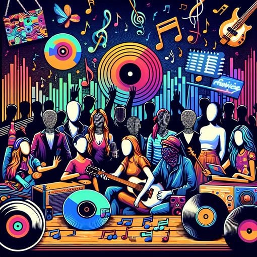 Create a vibrant and colorful illustration of a music-themed quiz with elements like album covers, notes, and the members of a K-pop group interacting with fans. Include a backdrop of cultural elements reflecting Korean pop music.