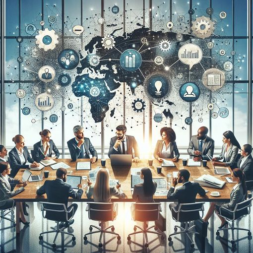 A visually engaging image representing organizational behavior, showing diverse professionals collaborating in an office environment, with icons representing teamwork, communication, and organizational culture.