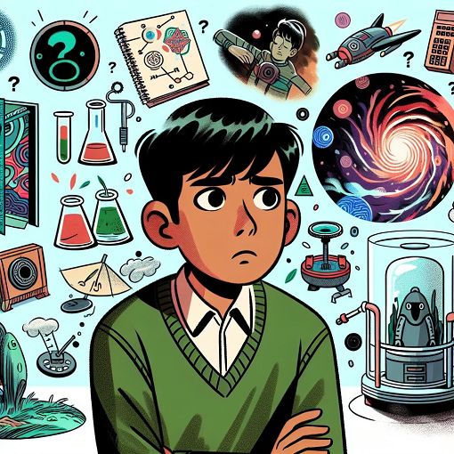 A cartoon illustration of a teenage boy with a worried expression, wearing a green sweater with a quirky, sci-fi background featuring elements like portals, crazy inventions, and abstract alien landscapes, alluding to the themes of adventure and chaos in Rick and Morty.