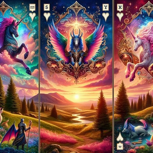 A vibrant fantasy-themed illustration featuring characters and elements from the Gwent card game, set in a mystical landscape with cards and mythical creatures.