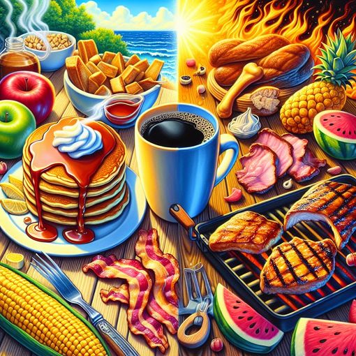 A colorful illustration of an American breakfast spread with pancakes, bacon, and coffee alongside a vibrant barbecue setting with grilled meats and sides like corn on the cob and watermelon.