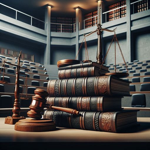 A visually engaging illustration representing legal studies or criminal law, featuring elements like law books, a gavel, and a scale of justice in a modern educational setting.