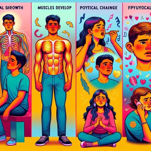 A colorful illustration depicting various changes during puberty, including physical growth, voice change, and emotional shifts in teenage boys and girls.