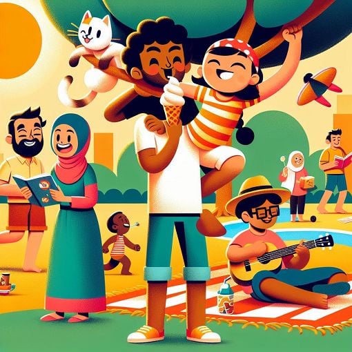 A whimsical illustration of a diverse group of cartoon characters sitting together, enjoying different activities like eating ice cream, playing with pets, and having fun outdoors, all set against a colorful background that suggests warmth and friendship.