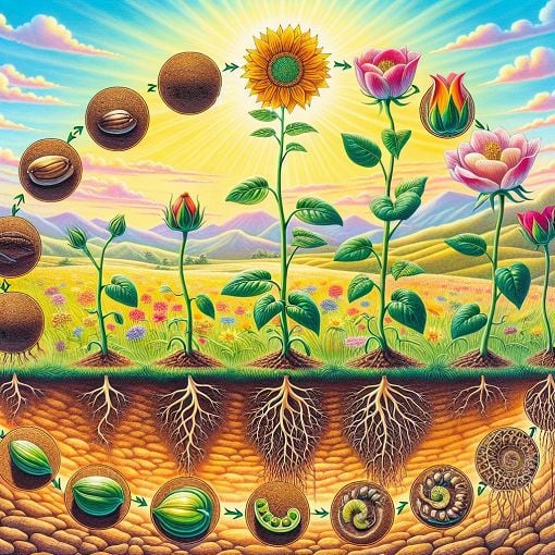 A vibrant illustration of a flowering plant lifecycle, showing stages from seed to adulthood, including seeds, seedlings, and the fruiting body, with a nature-inspired background.