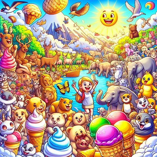 A colorful and whimsical illustration depicting various favorite things such as animals, ice cream, and nature, with a cartoon character happily exploring these elements, vibrant and engaging art style.