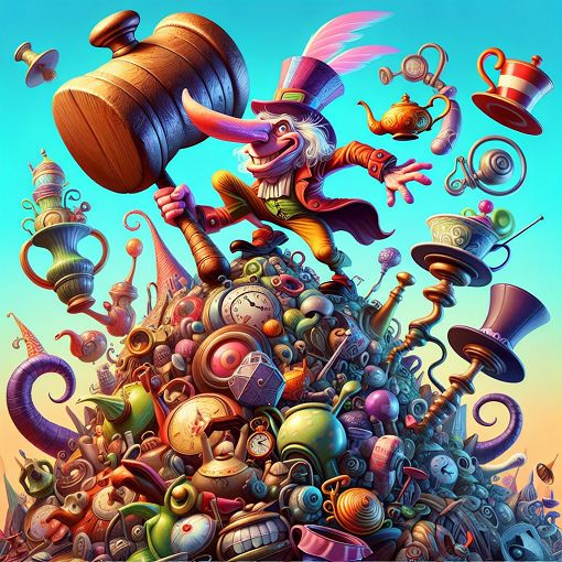 A whimsical and colorful digital illustration of a character juggling a large hammer while climbing a mountain of quirky objects, representing the game's unique art style.