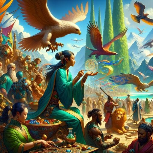 A vibrant fantasy landscape depicting various clans, each represented by unique symbols and colors, with characters engaging in different activities that reflect their clan attributes.