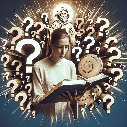 A visually appealing graphic showing a person reading the Bible with question marks floating around, symbolizing knowledge and inquiry about religious texts.