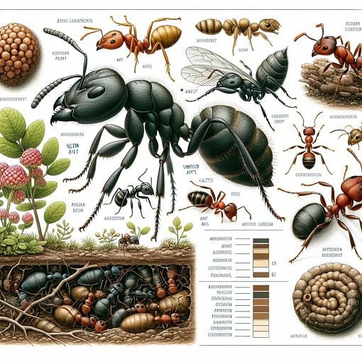 A detailed illustration of various ant species in their natural habitats, showing a queen ant, worker ants, and ant larvae, with vibrant colors and scientific labels.