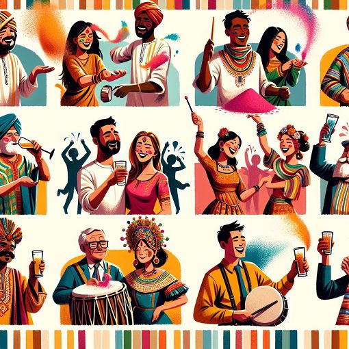 Generate an illustration of diverse people celebrating various cultural events, such as festivals and ceremonies, vibrant colors, and joyful expressions.