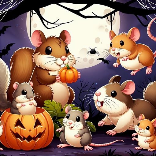 Create an image of various cute and whimsical rodents in a playful setting, styled as a cartoon, with a spooky and fun atmosphere.