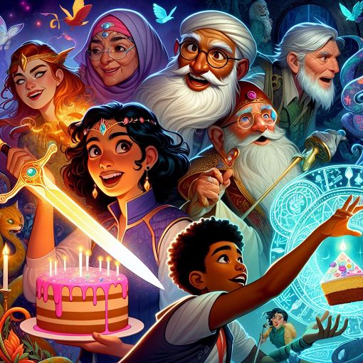 A colorful, whimsical illustration of diverse original characters each showcasing different personality traits, set in a vibrant fantasy landscape, featuring elements like swords, cakes, and magical symbols.