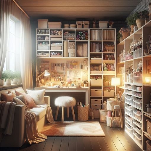 A cozy, well-organized craft room featuring different types of crafting supplies neatly stored in a DreamBox, with warm lighting and a welcoming atmosphere.