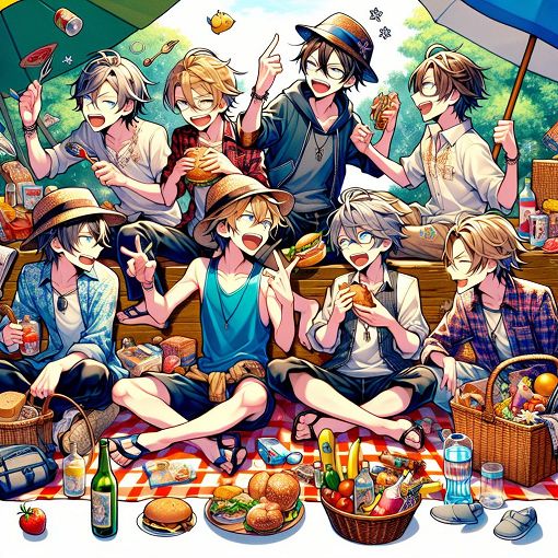 A colorful and whimsical illustration of anime characters inspired by a chaotic family, featuring six unique brothers in a picnic setting with funny scenarios and elements related to friendship and personality.