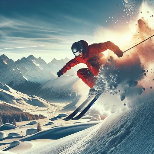 A vibrant image of a skier performing acrobatics on a mogul course, with snow-covered mountains in the background, showcasing excitement and energy of ski skiing.