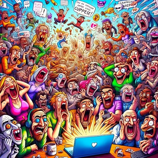 A cartoon-style illustration of a chaotic online chat room filled with funny characters, memes, and exaggerated reactions, vibrant colors, digital art