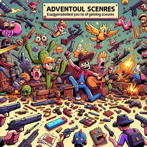 A vibrant gaming-themed illustration featuring various weapons and playful characters in a cartoon style, emphasizing action and humor.