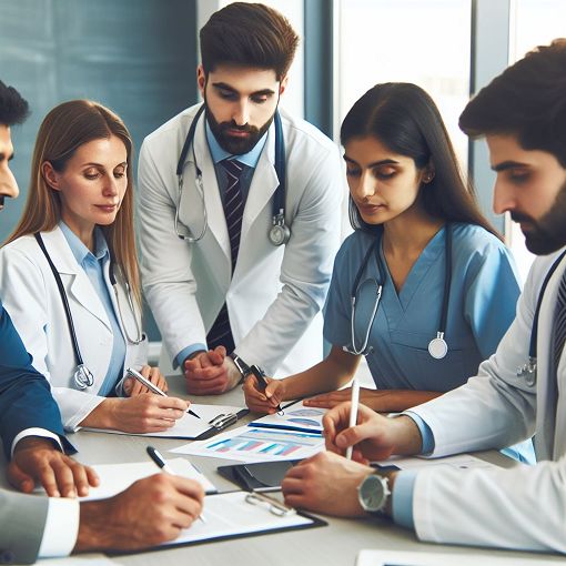 A professional and collaborative team meeting in a healthcare setting, with diverse individuals brainstorming around a table, displaying teamwork and leadership principles.