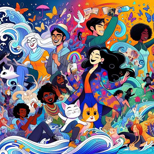 A whimsical illustration depicting diverse characters representing various fandoms and elements like water, cats, and colorful aesthetics, set in a vibrant background that evokes a sense of fun and engagement.