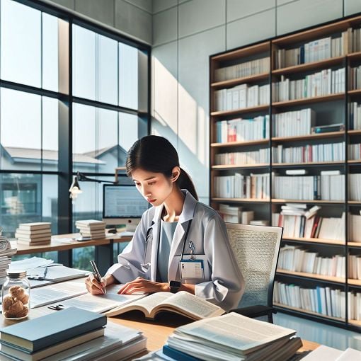 A healthcare professional conducting research, surrounded by medical literature and evidence-based resources, bright and modern office setting