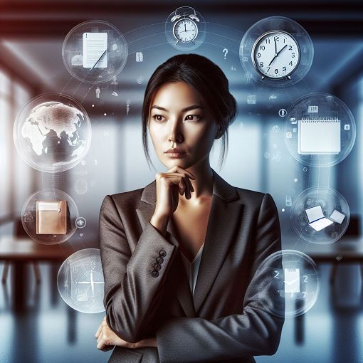 A professional looking person pondering whether to hold a meeting or not, with meeting icons in the background, office setting