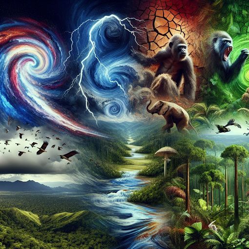 A vibrant illustration of natural disasters and forces of nature, featuring tornadoes, earthquakes, tropical rainforests, and endangered species in a dynamic landscape.