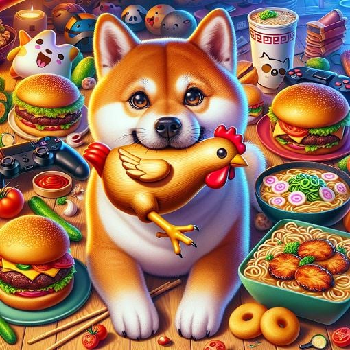 A whimsical illustration featuring a cute dog resembling a Shiba Inu holding a wooden chicken toy, surrounded by various food items like burgers and ramen, set in a colorful and vibrant environment. Include references to gaming elements like controllers and playful cartoonish characters.