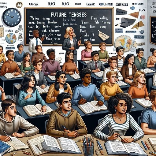 A visually engaging illustration depicting a classroom setting where students are learning about future tenses in English. Include elements like chalkboards, books, and a clock showing future time concepts.