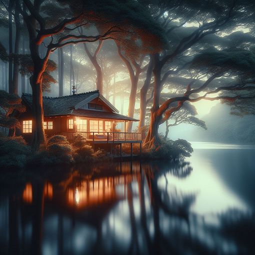 A serene lakeside scene at dusk, with a cozy cabin and warm light emanating from the windows, surrounded by trees and water, symbolizing self-reflection and tranquility.