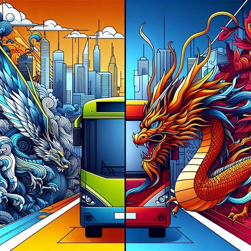 A split-image featuring a stylized dragon and a bus, with vibrant colors and a hint of digital culture themes, emphasizing confrontation and debate.