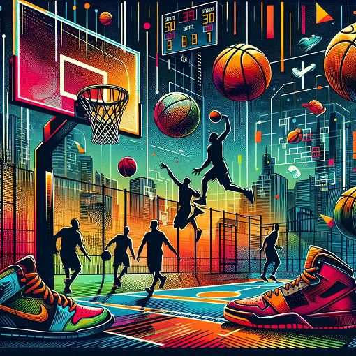 A vibrant and dynamic digital artwork of a basketball court featuring players in action, colorful graphics representing game elements of NBA Phenom, and iconic basketball symbols.