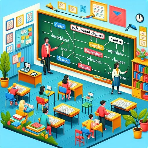 An educational illustration featuring independent and dependent clauses with examples, colorful graphics, and a friendly teaching atmosphere.