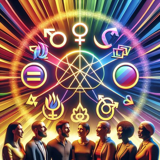 a colorful and inclusive illustration representing various aspects of the LGBT community, including symbols of different identities, diverse individuals, and a rainbow background