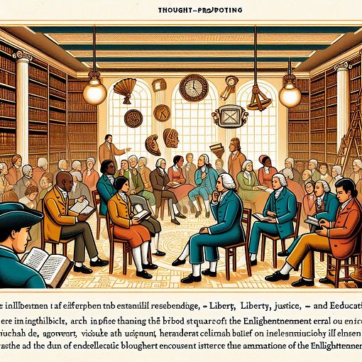 A thought-provoking illustration representing Enlightenment thinkers, featuring symbols of liberty, justice, and education, with a historical backdrop and a diverse group of people engaged in discussion.