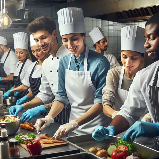 A vibrant, visually appealing kitchen scene featuring chefs practicing safe food handling and cleanliness in a bustling café environment.