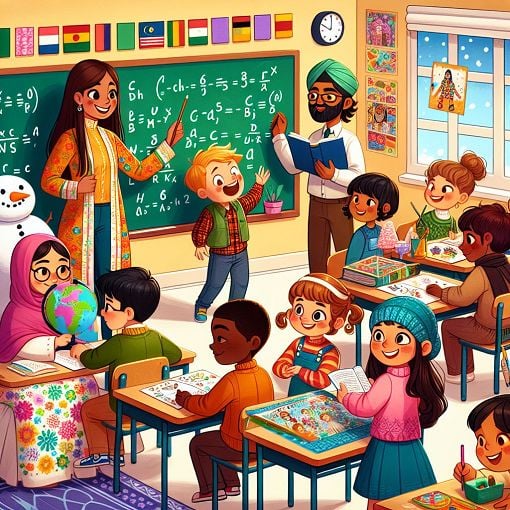 A vibrant, colorful illustration showing a classroom scene with diverse teachers and students engaged in fun activities, featuring elements like favorite colors and holidays.