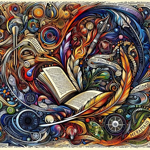 A vibrant and artistic representation of various poetic devices, including imagery of books, quills, and illustrative examples of alliteration, simile, and metaphor, set against a colorful background.