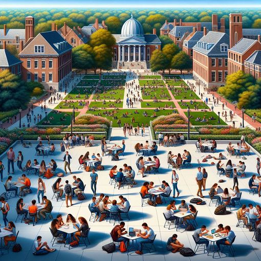 A colorful and lively illustration of the University of Illinois Quad, featuring students engaging in various activities such as studying, relaxing, and socializing, with a vibrant campus atmosphere in the background.