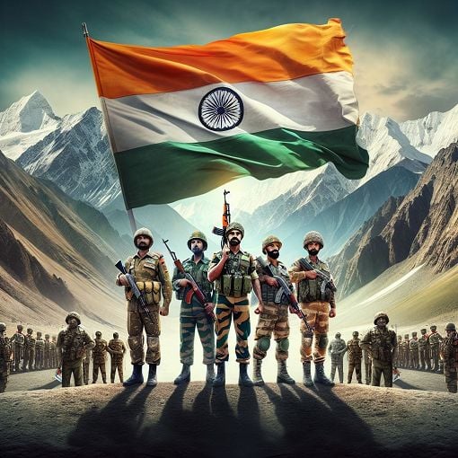 A vibrant and respectful illustration representing the Kargil War featuring soldiers, the Indian flag, and the Kargil landscape, with a backdrop of mountains.