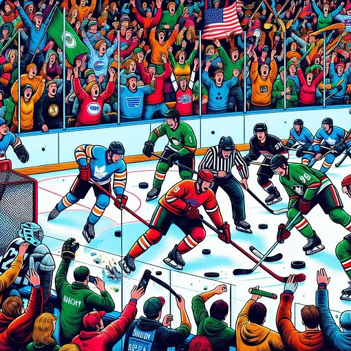 A colorful and dynamic illustration of a hockey rink with fans, team jerseys, and various hockey gear, showcasing a lively atmosphere.